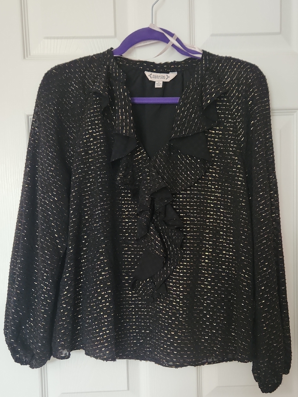 Nanette Lepore Black Blouse with Gold Metallic Thread and Ruffle Front